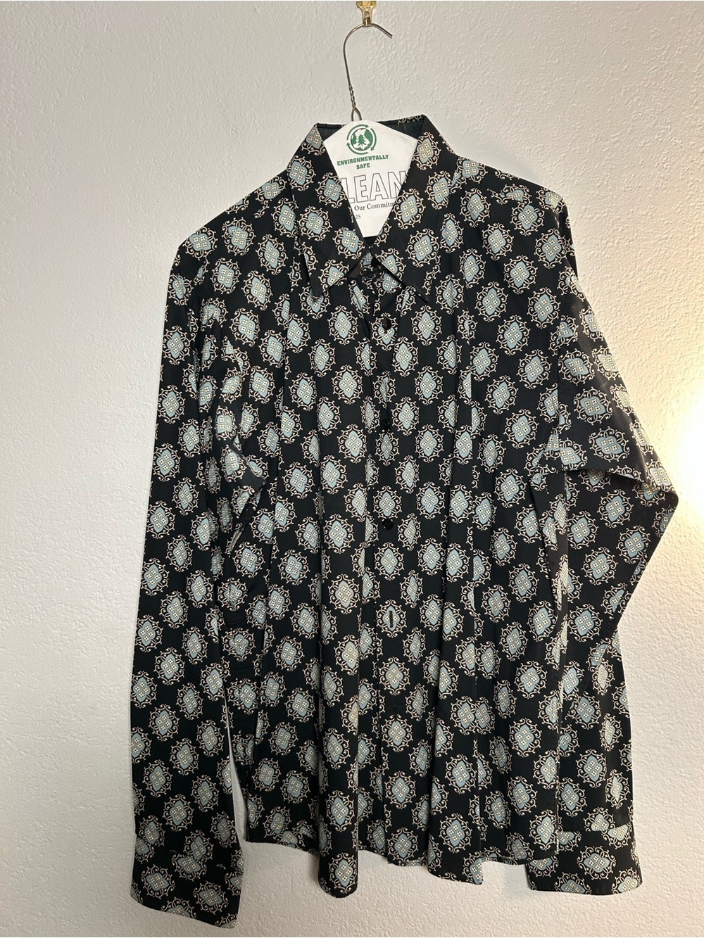 Black Button Down Shirt with Teal and Cream Medallion Print made in France L